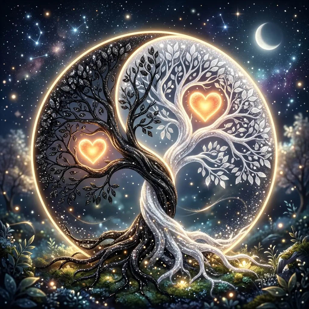 Yin yang tree symbol with glowing hearts and glitter
