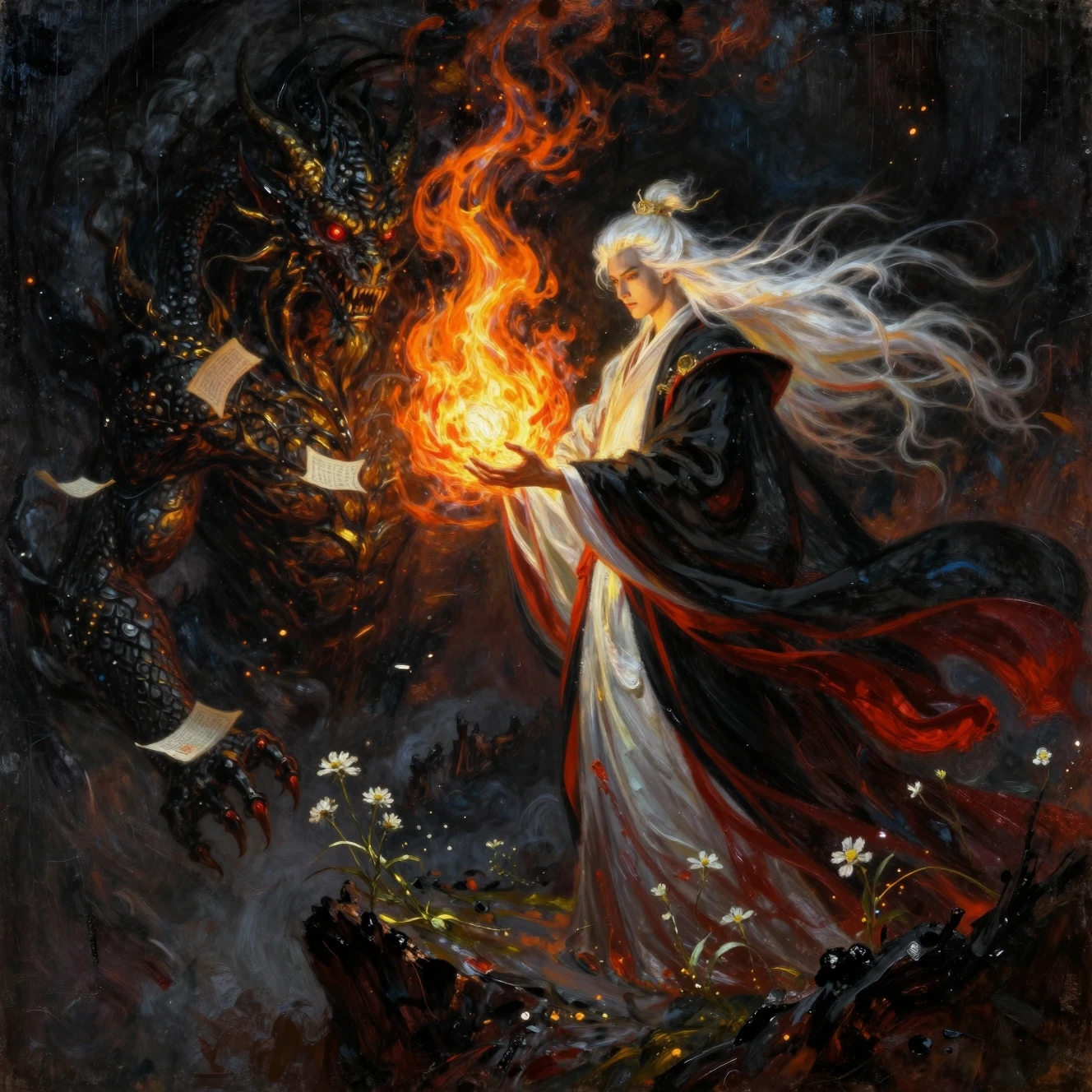 Chinese mage wielding fireball against demonic dragon