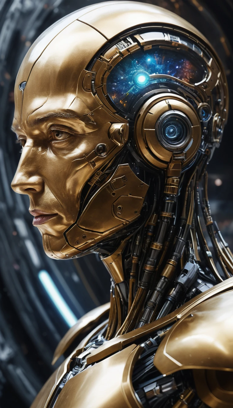 Femme de science-fiction sereine en gros plan dans un monde fantastique