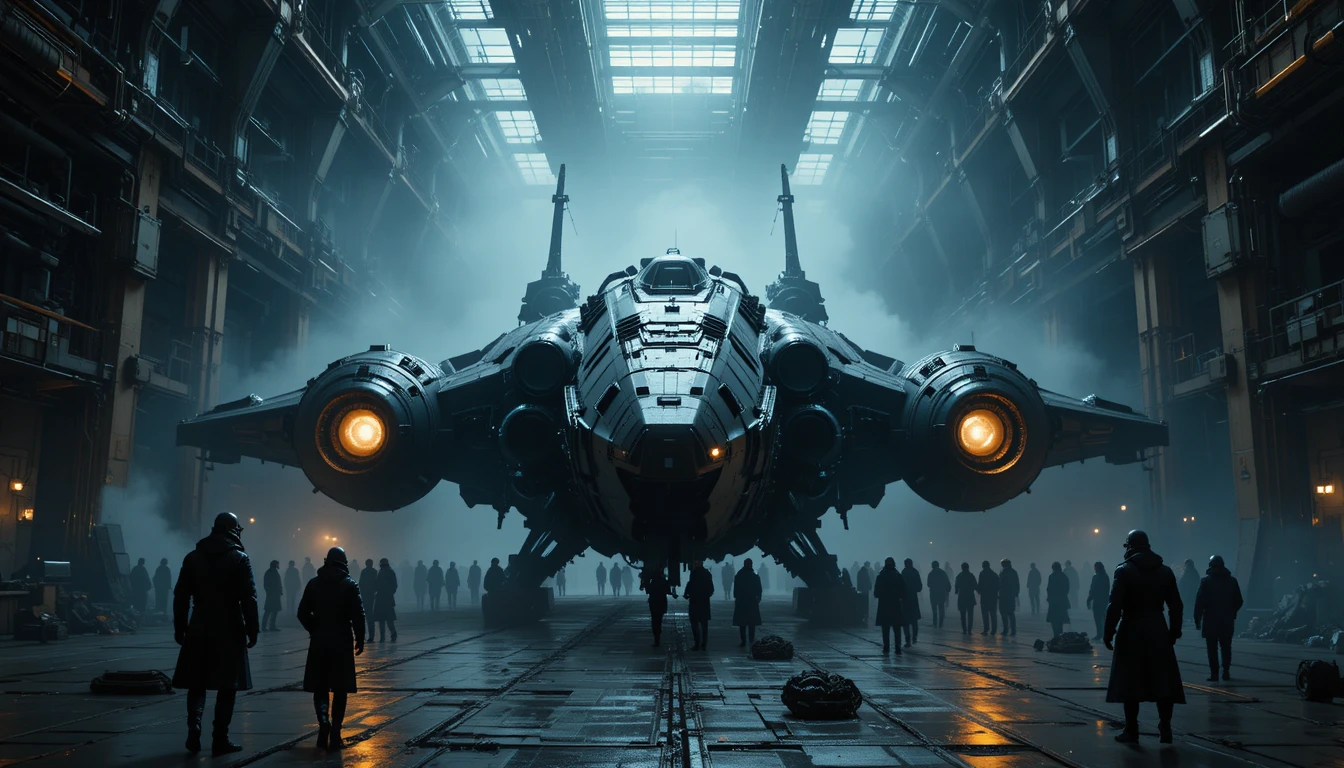 Massives Sci-Fi-Raumschiff in einem nebligen Industriehangar