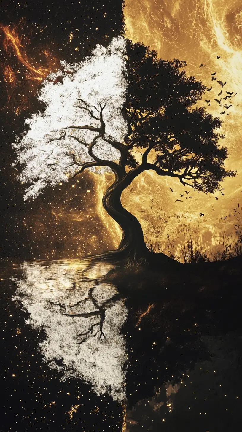 High contrast yin yang with glowing particles and tree forms