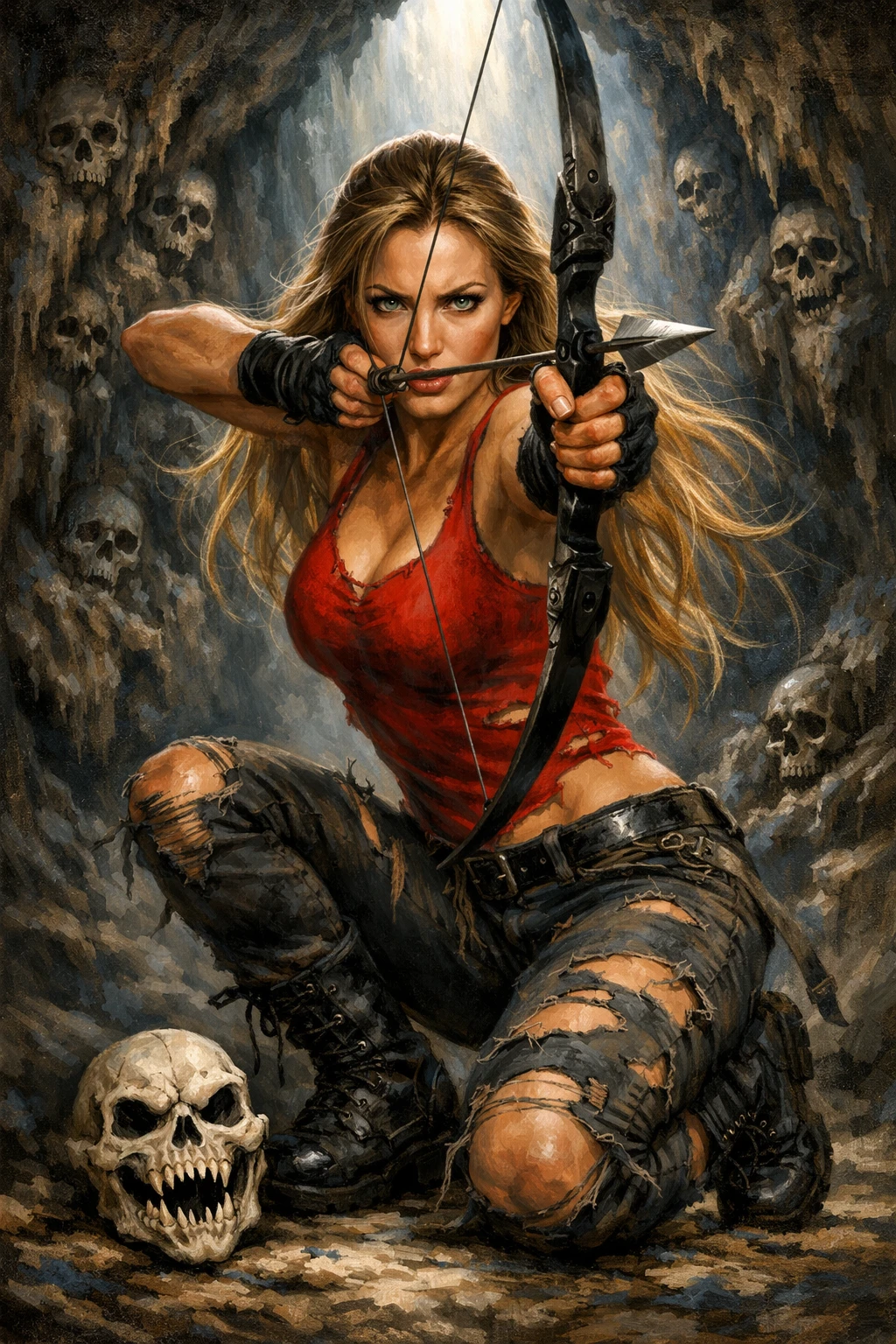 Fierce archer woman kneeling in a dark cave