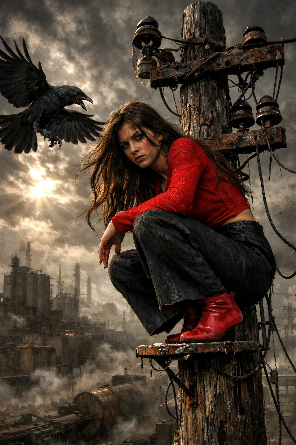 Woman on wooden pole in vast industrial wasteland