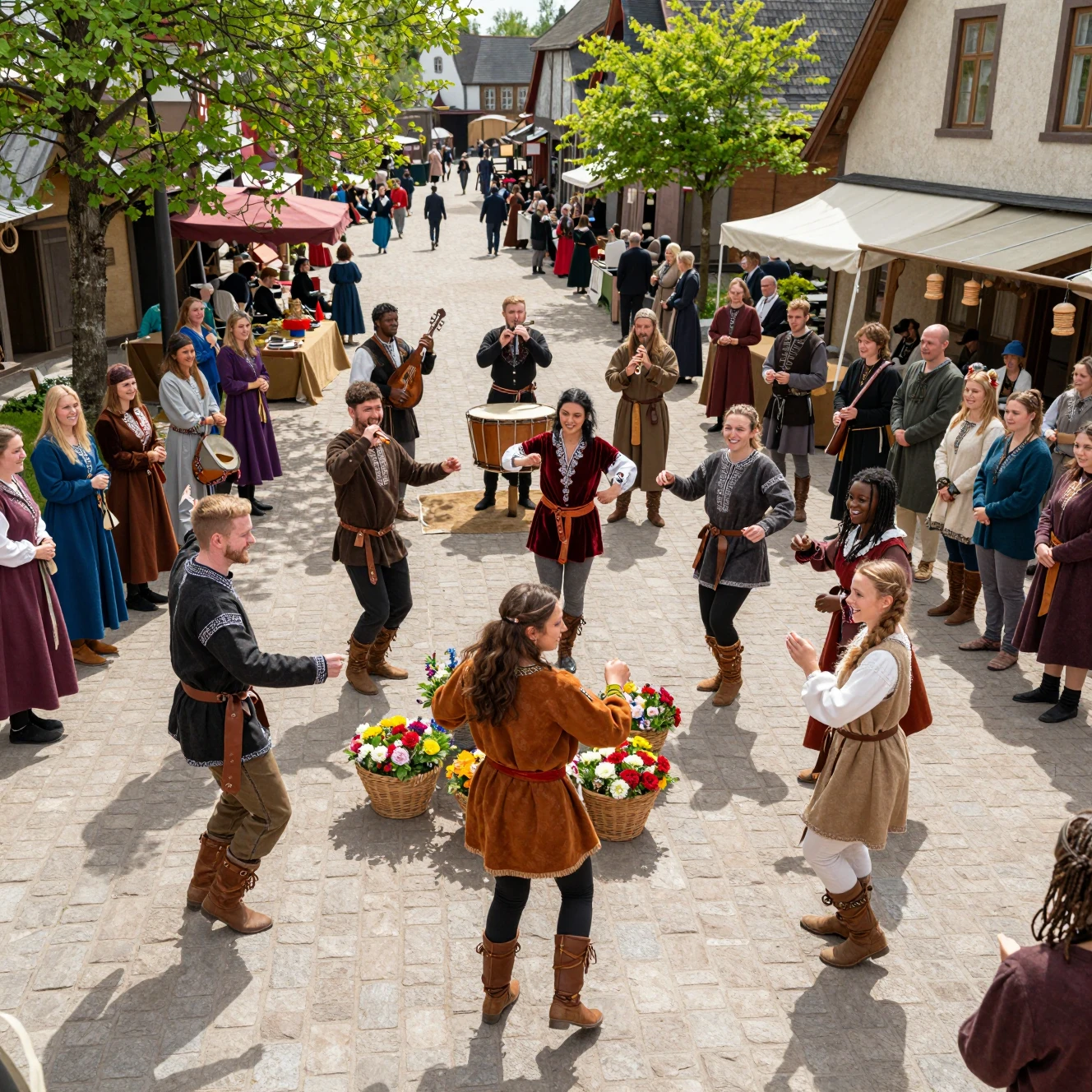 Multidão fantástica alegre dançando em uma rua medieval banhada de sol