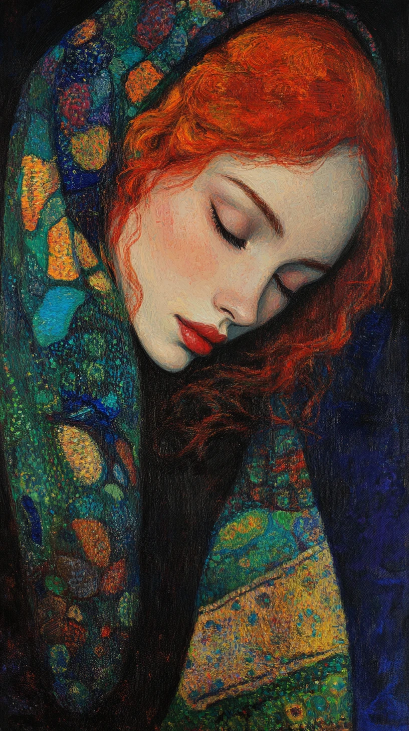 Red haired woman merging with dark blue surreal void