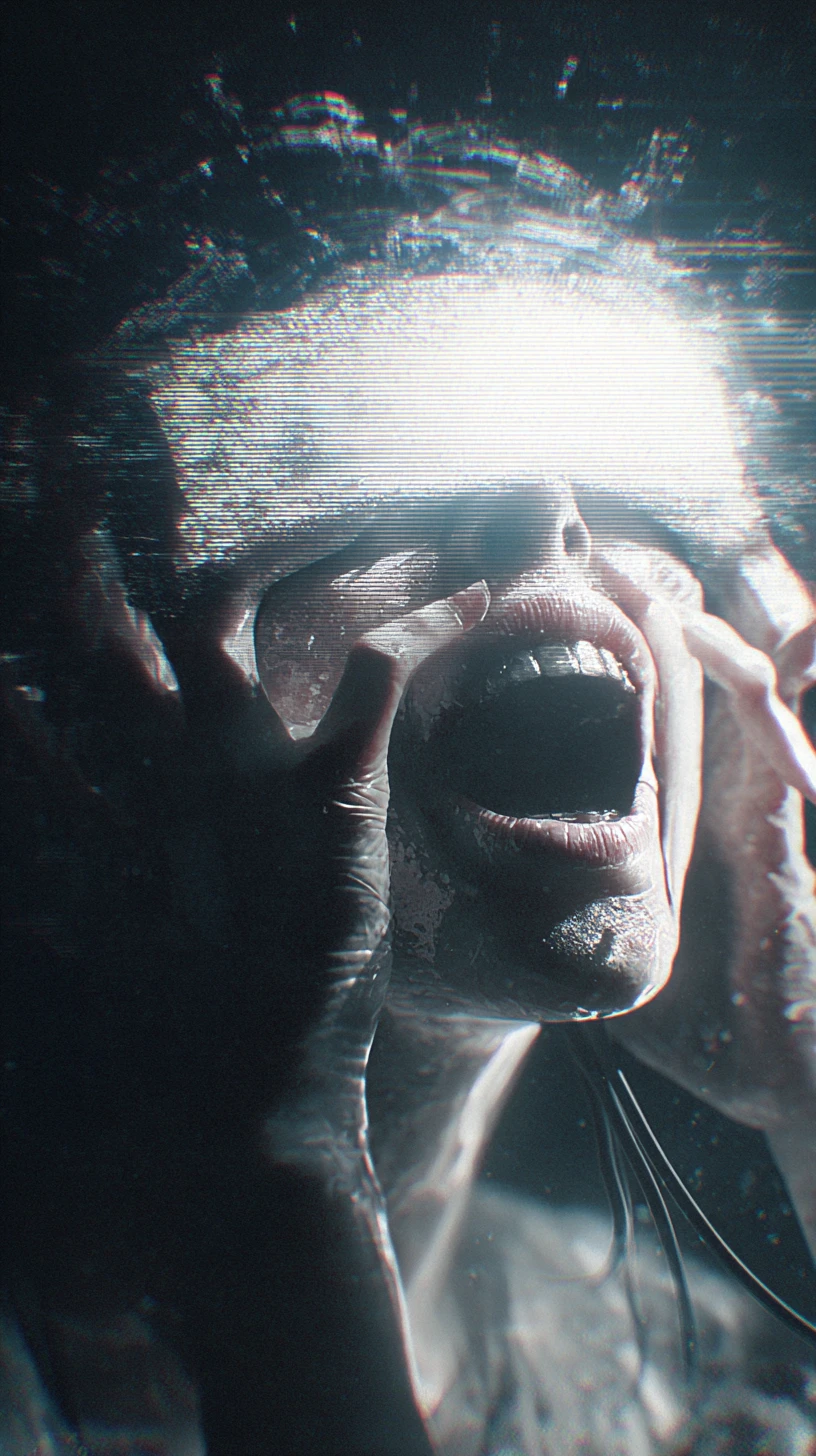 Pale cyborg woman opening her eyes in a disturbing closeup