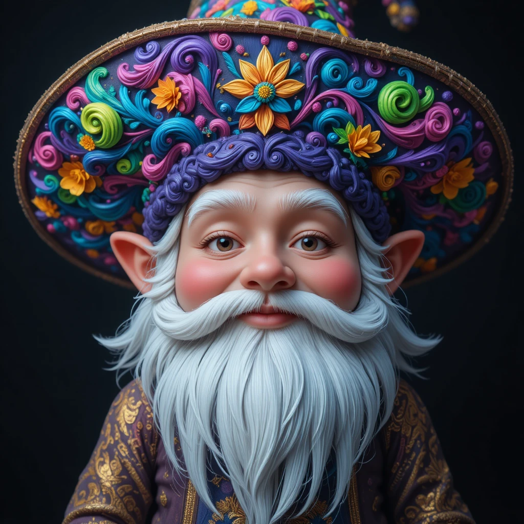 Portrait de gnome joyeux avec chapeau floral néon orné