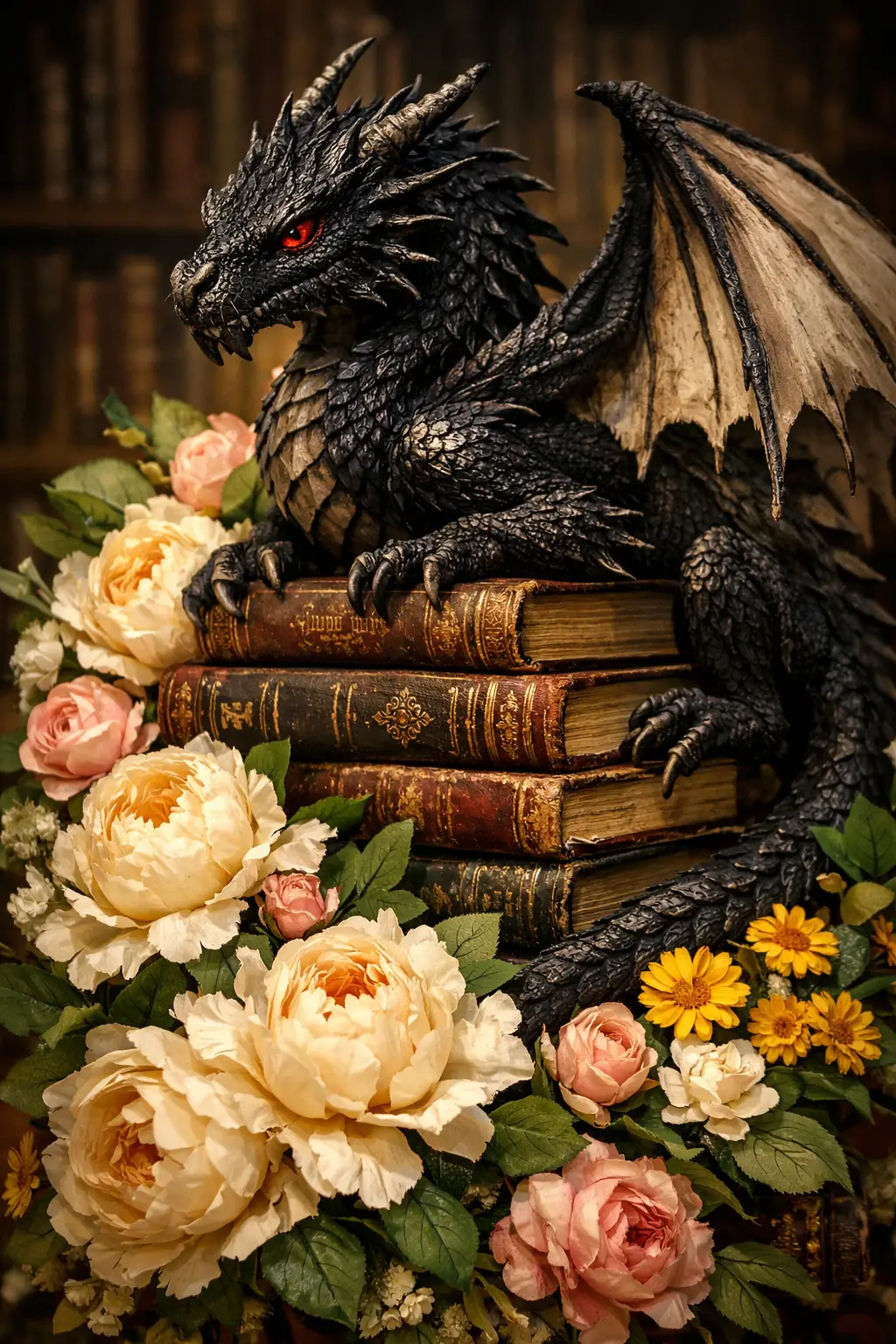花に囲まれた古書の上の黒いドラゴン