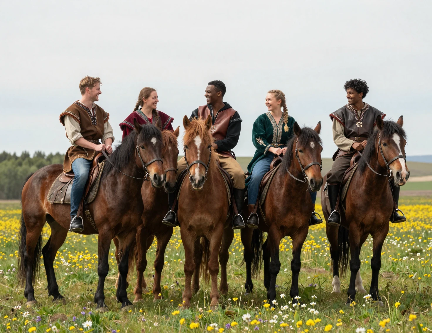 Amigos diversos a cavalo rindo em um campo florido de primavera