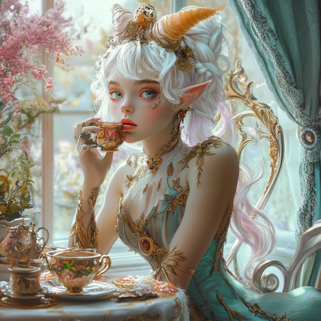 Whimsical metallic fairy sitting at pastel teatime table
