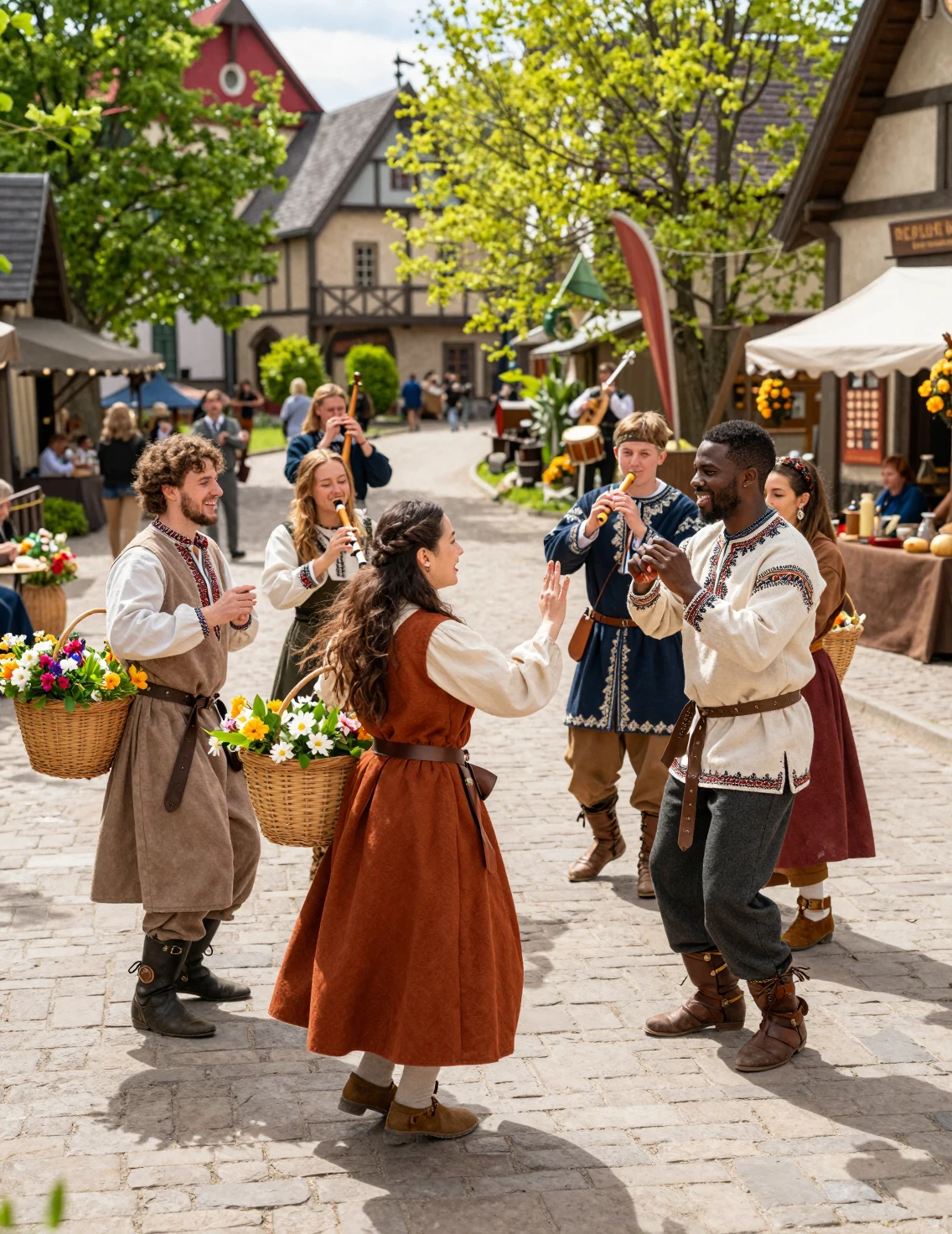 Danzatori in abiti fantasy ricamati in una soleggiata strada di città