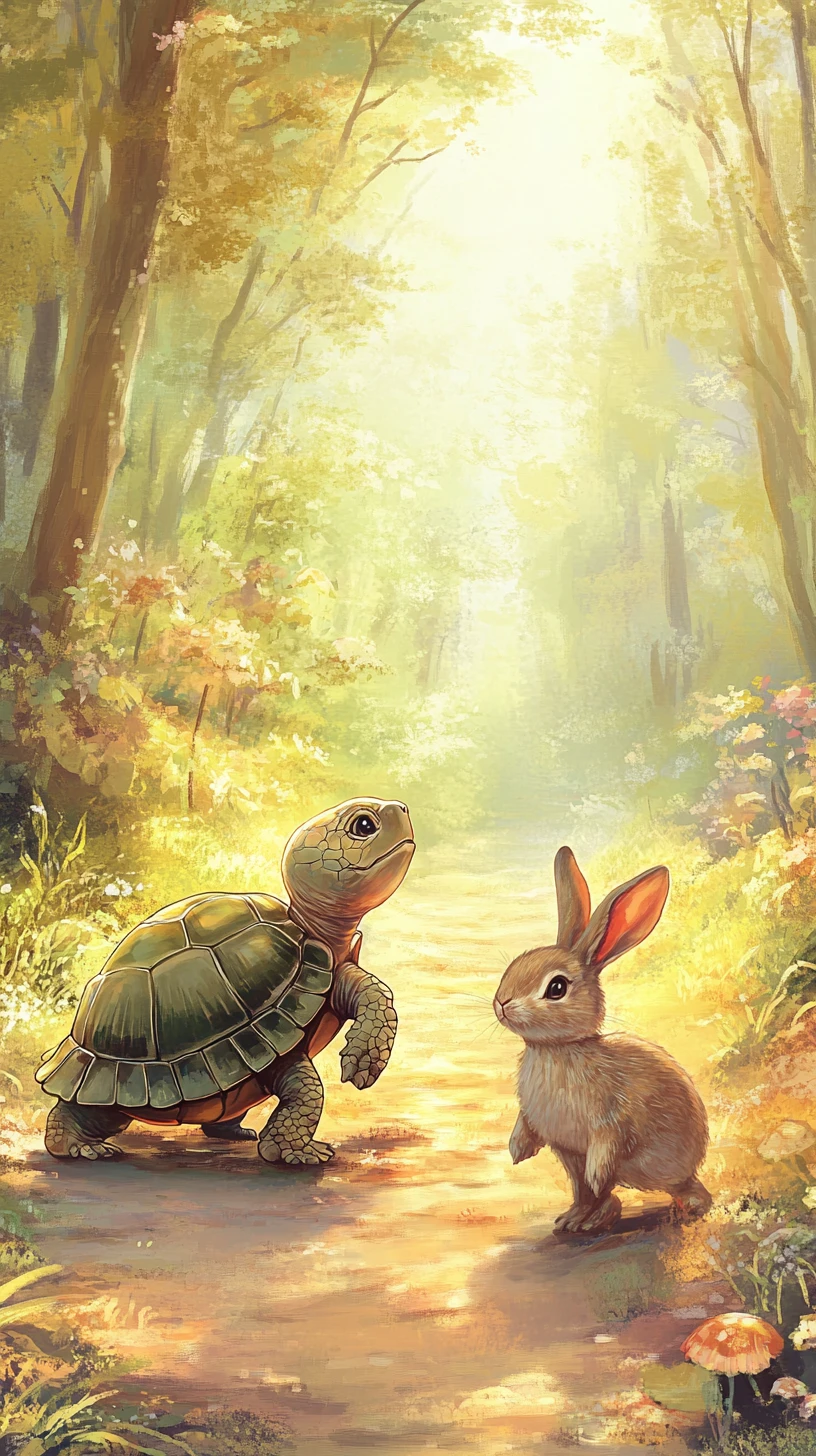 Cute turtle and rabbit on a gentle forest path