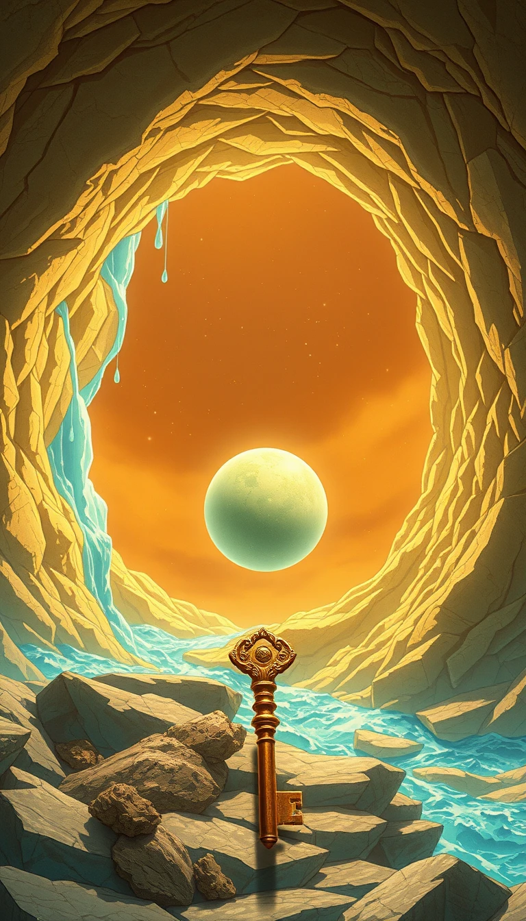 Portal em espiral dourada com esfera brilhante e chave