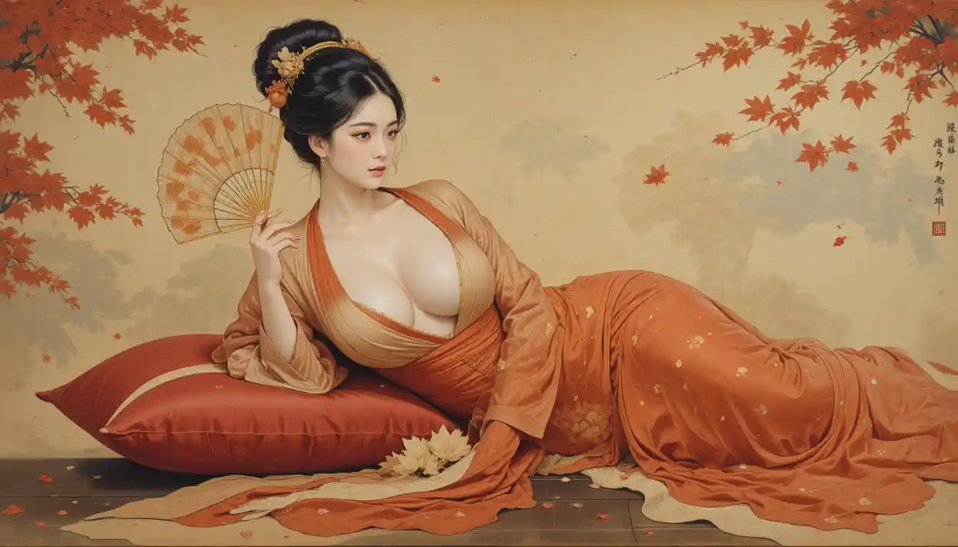 Noble dame allongée sur une plateforme laquée dans un style nihonga sensuel
