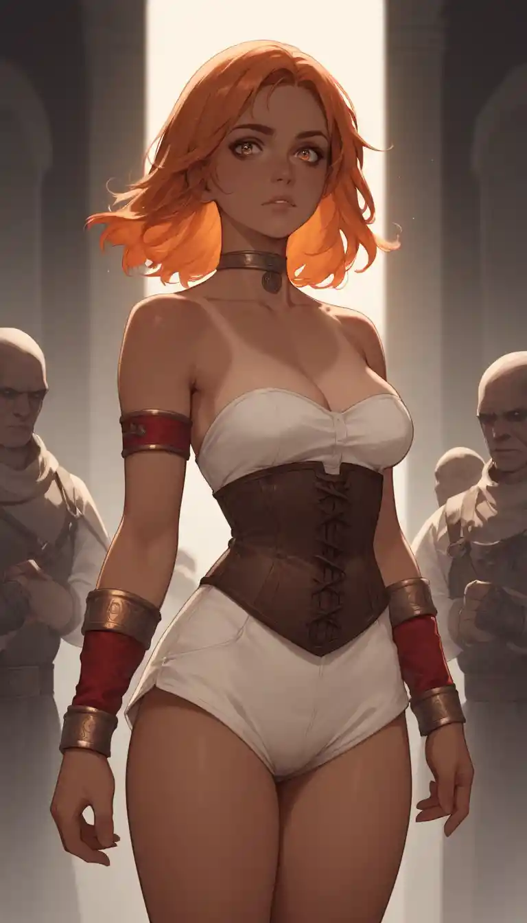 Heterochromatic warrior woman among goblins in sunlight