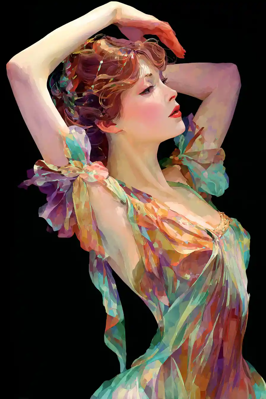 Elegante danzatrice in stile anime in un dipinto stilizzato ispirato a Klimt