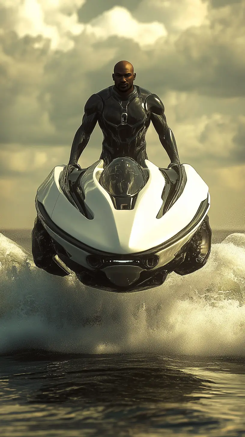 Powerful man steering a sleek sci fi hovercraft at sea