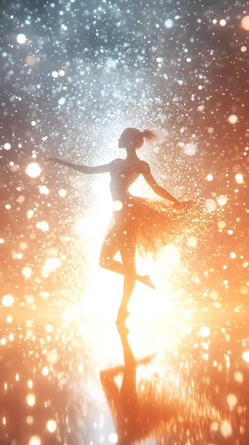 Ballerina surreale divisa tra luce del sole e luce delle stelle
