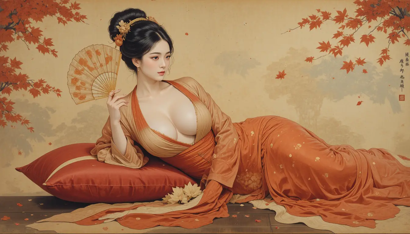 Noble dame allongée sur une plateforme laquée dans un style nihonga sensuel