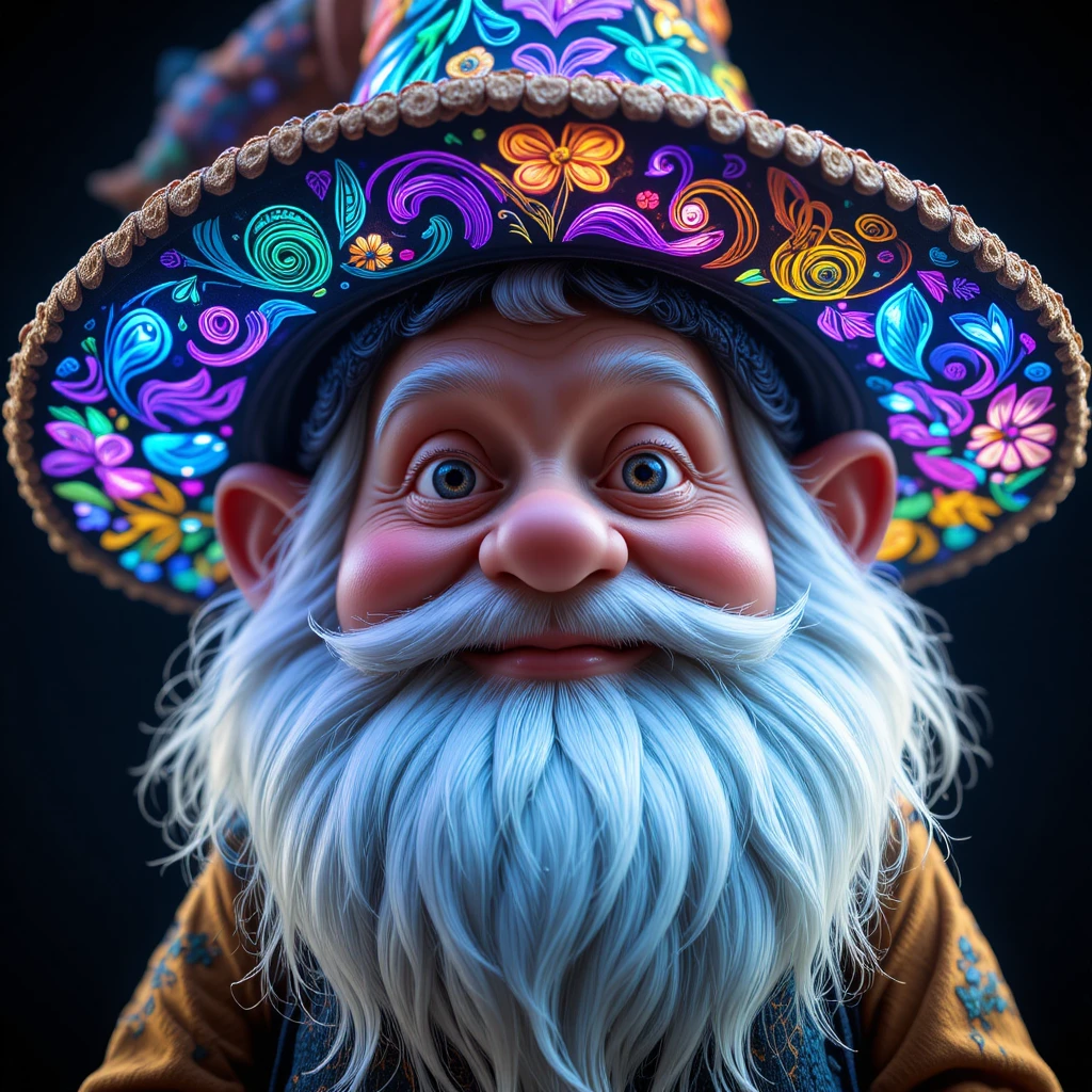 Portrait d'un gnome joyeux avec un chapeau floral néon orné