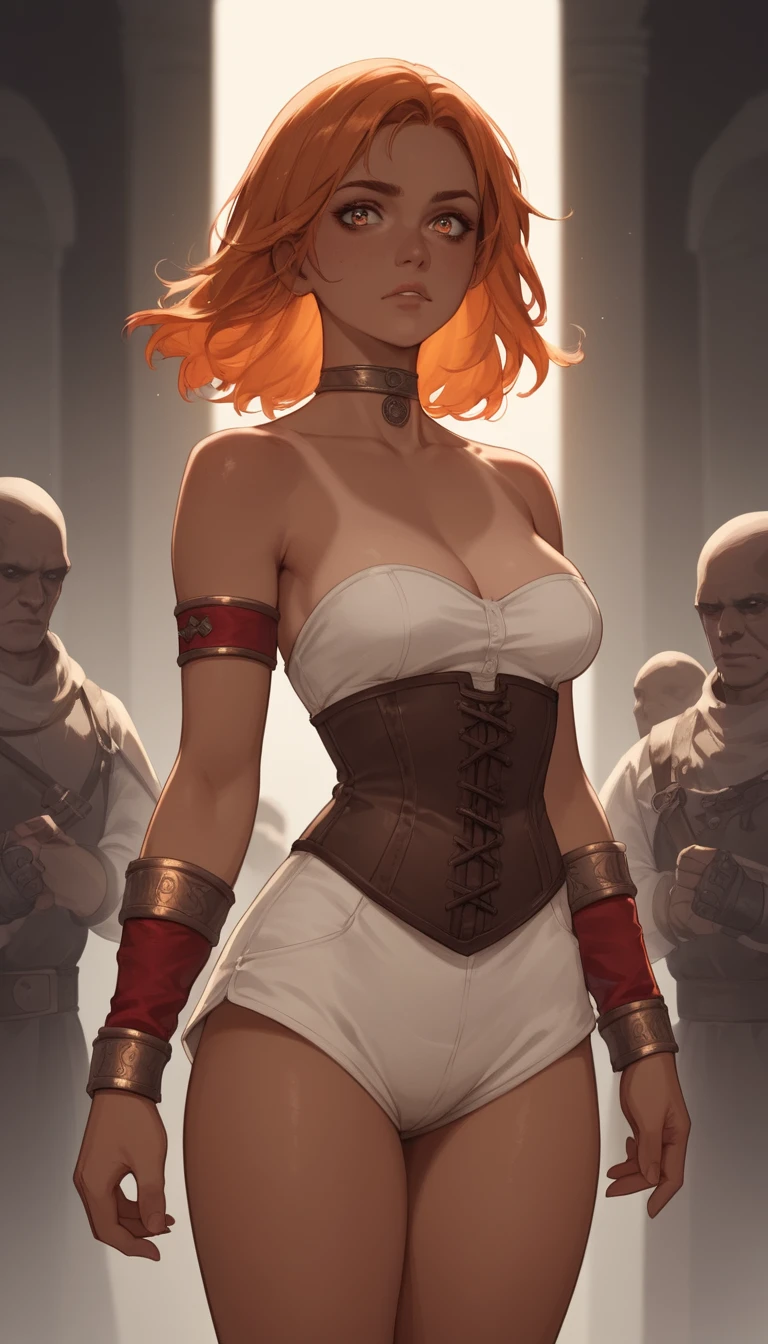 Heterochromatic warrior woman among goblins in sunlight