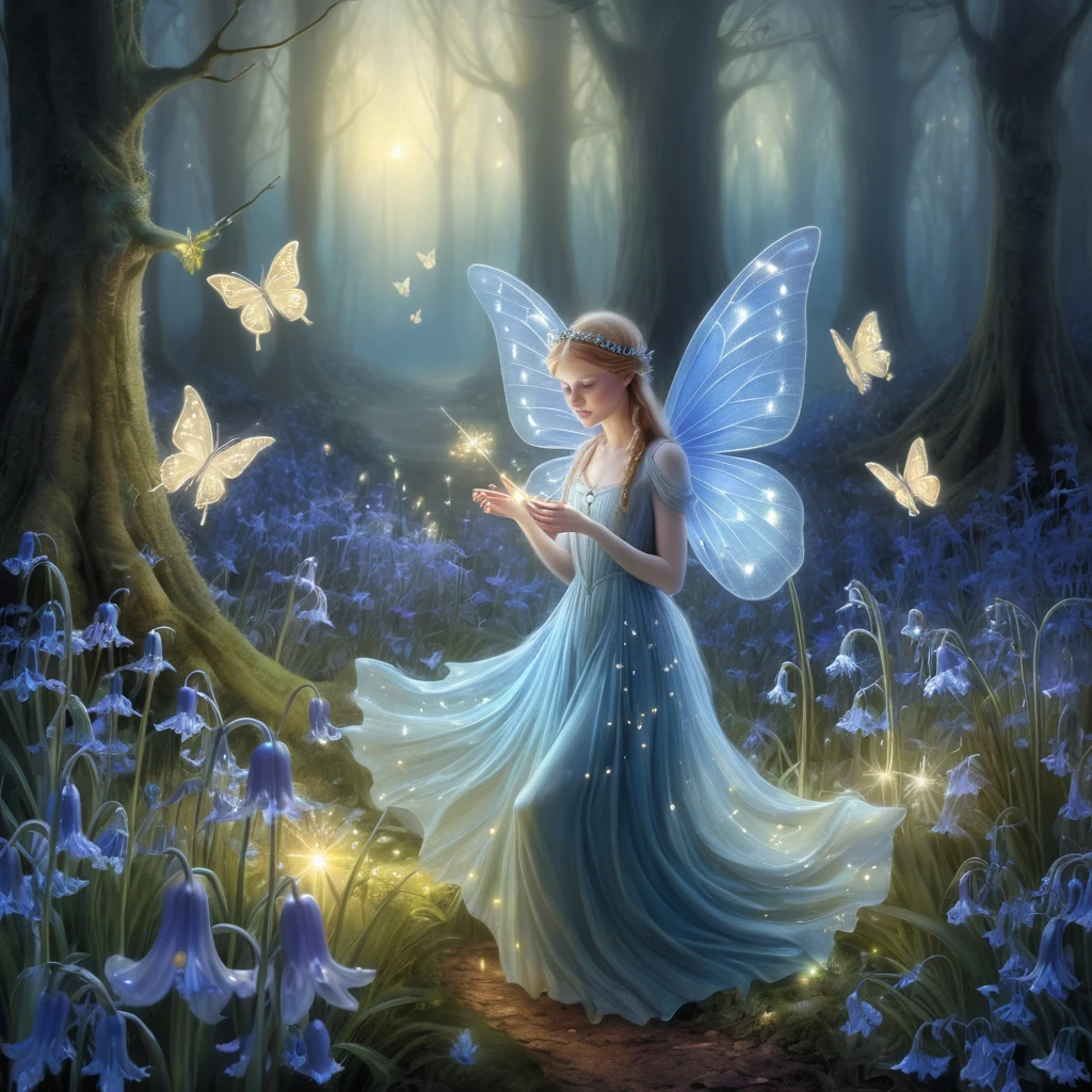 Fées envoûtantes dansant dans une prairie de jacinthes bleues lumineuses