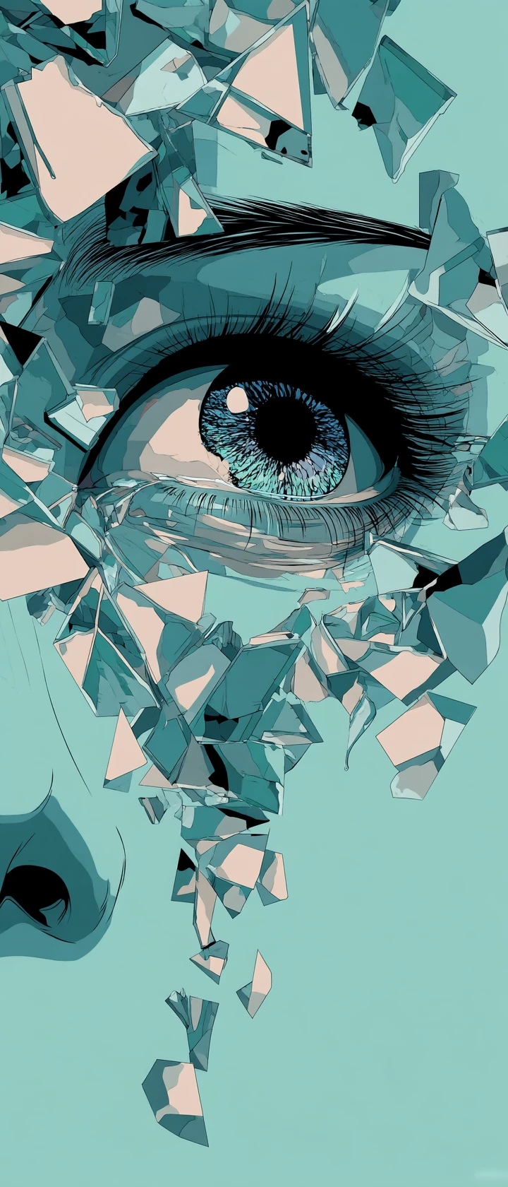 Marco de espejo hecho añicos que refleja un ojo de anime llorando fragmentado