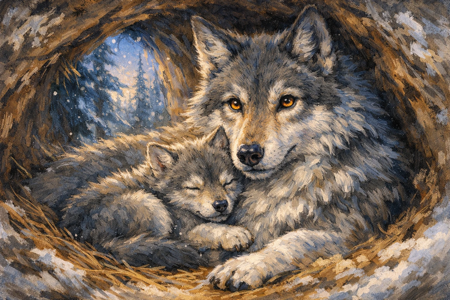 Filhote de lobo descansando em segurança com a mãe em toca na floresta nevada