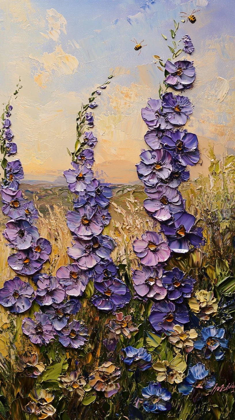 Violetter Blütendickicht in Impasto bei Sonnenaufgang gemalt