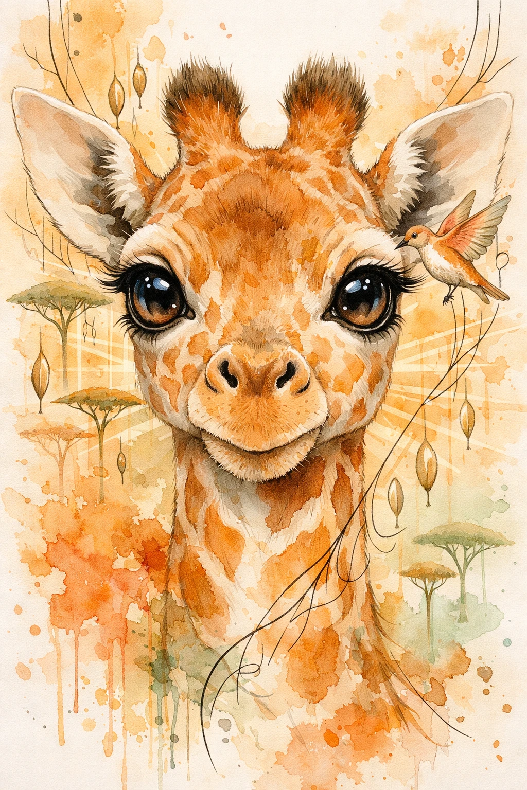 Close de retrato de filhote de girafa em estilo aquarela e tinta quente