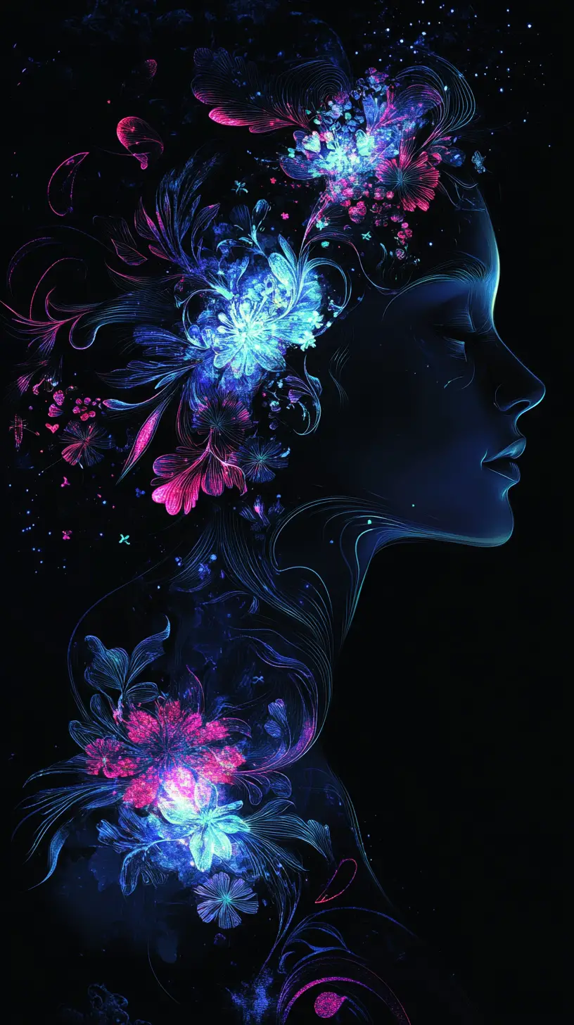 Ethereal bioluminescent woman in a dark mystical void