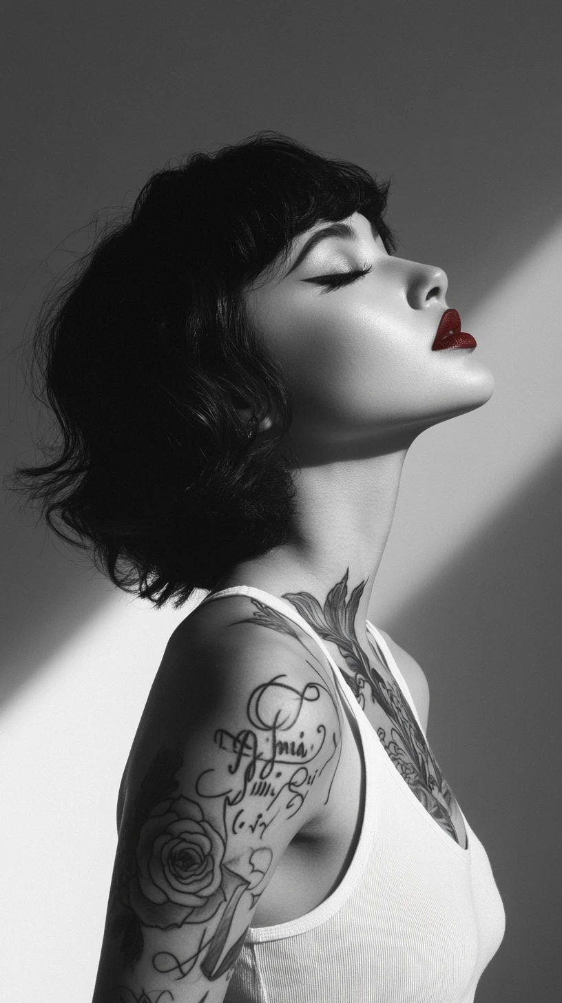 Dramatic black and white profile portrait of tattooed woman