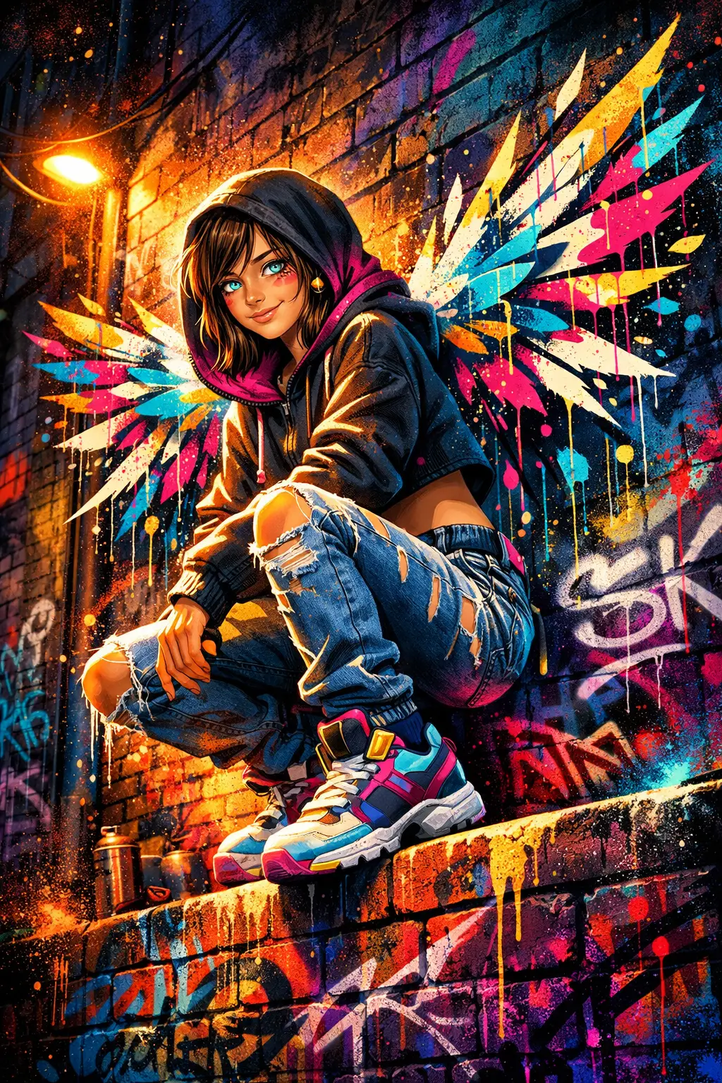 Graffiti angel woman perched on a brick wall