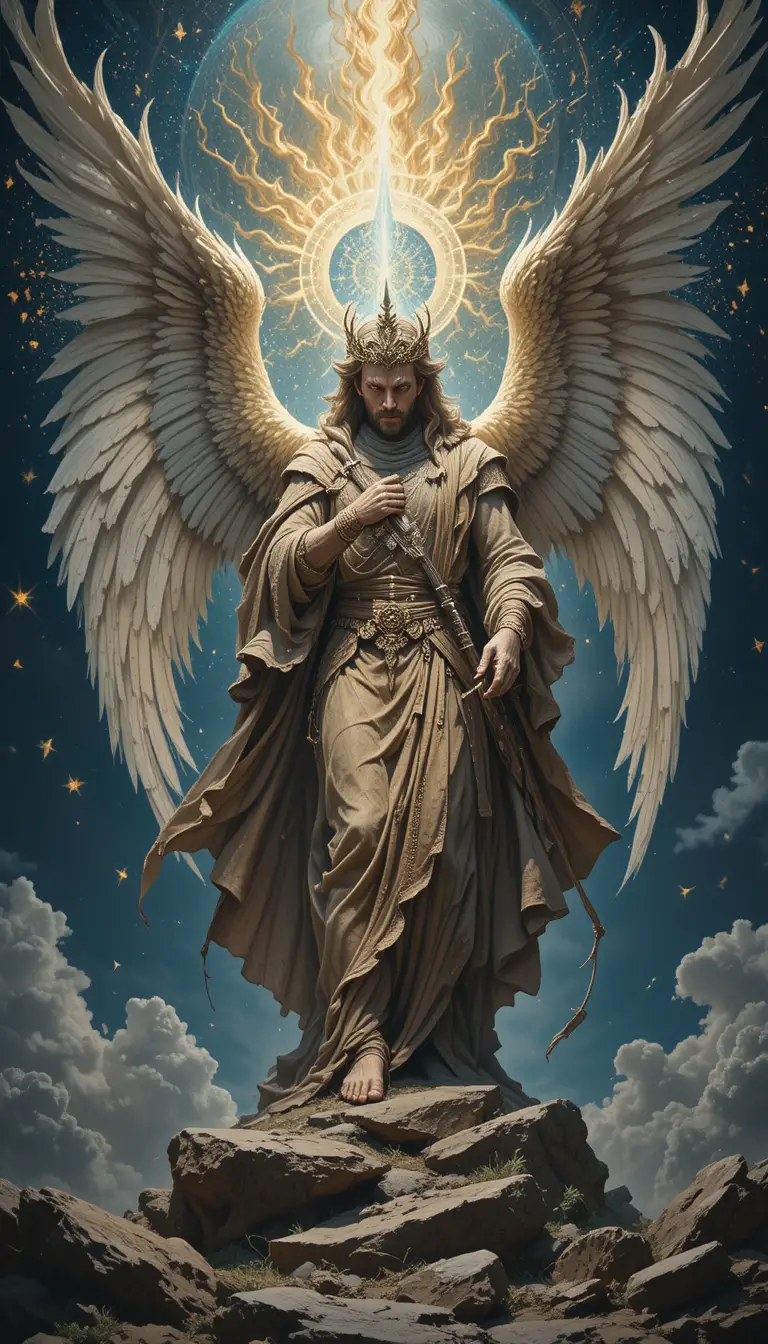 Woman sheltered under divine wings in heavenly light