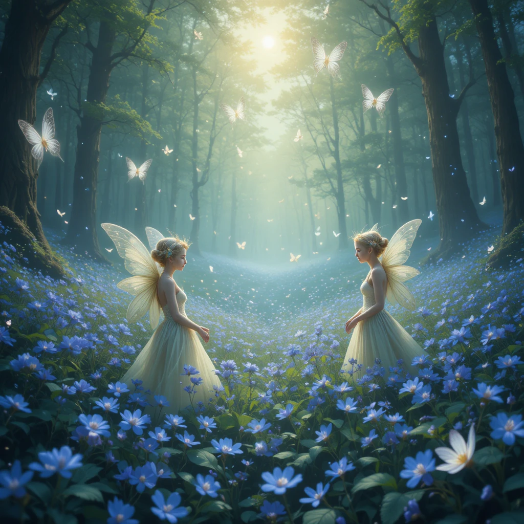 Dreamy fairies dancing in a glowing bluebell forest