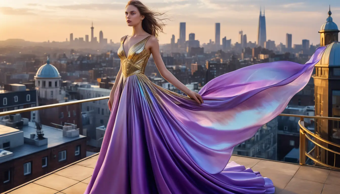 Rooftop fashion portrait above a futuristic clockwork city