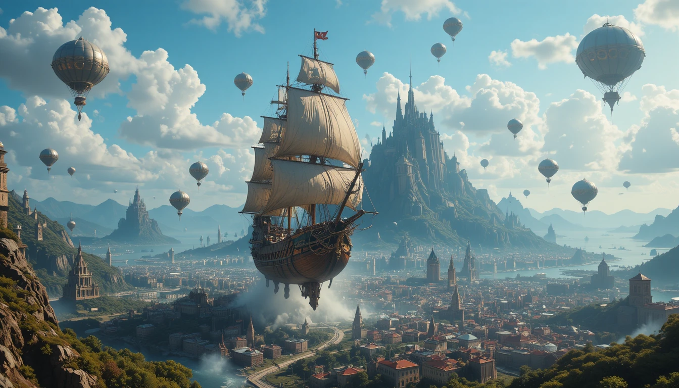 Galleon Sailing Through Sky Islands Above A Mountain City