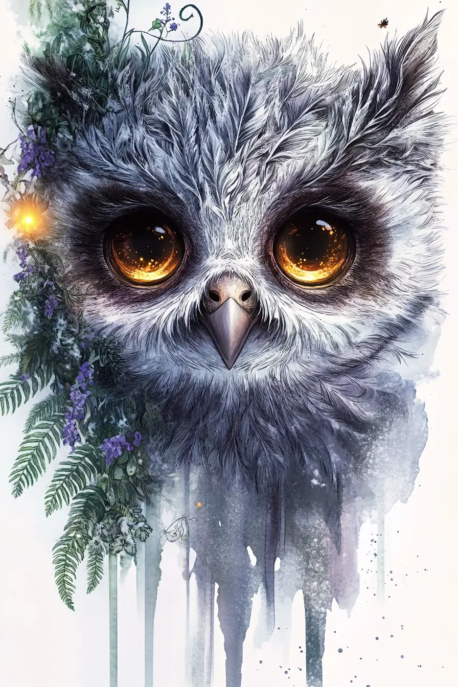 Watercolor owl chick close up with golden eyes and firefly
