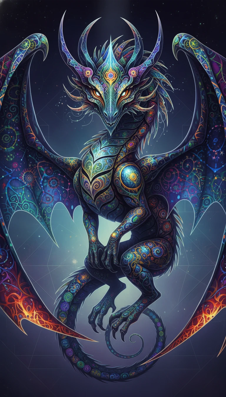 Surrealer Fraktaldrache, der in einem leuchtenden Void schwebt