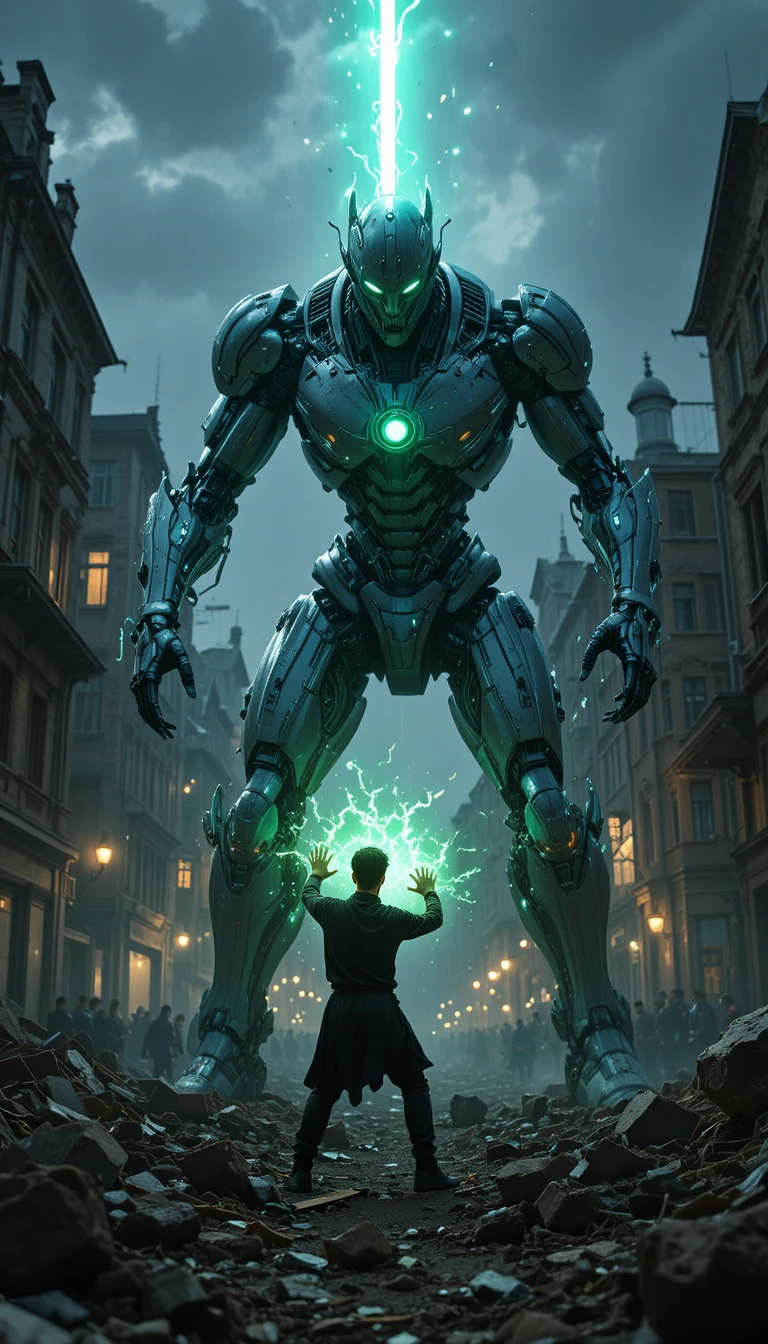 Damaged robot and young hero in epic city battle
