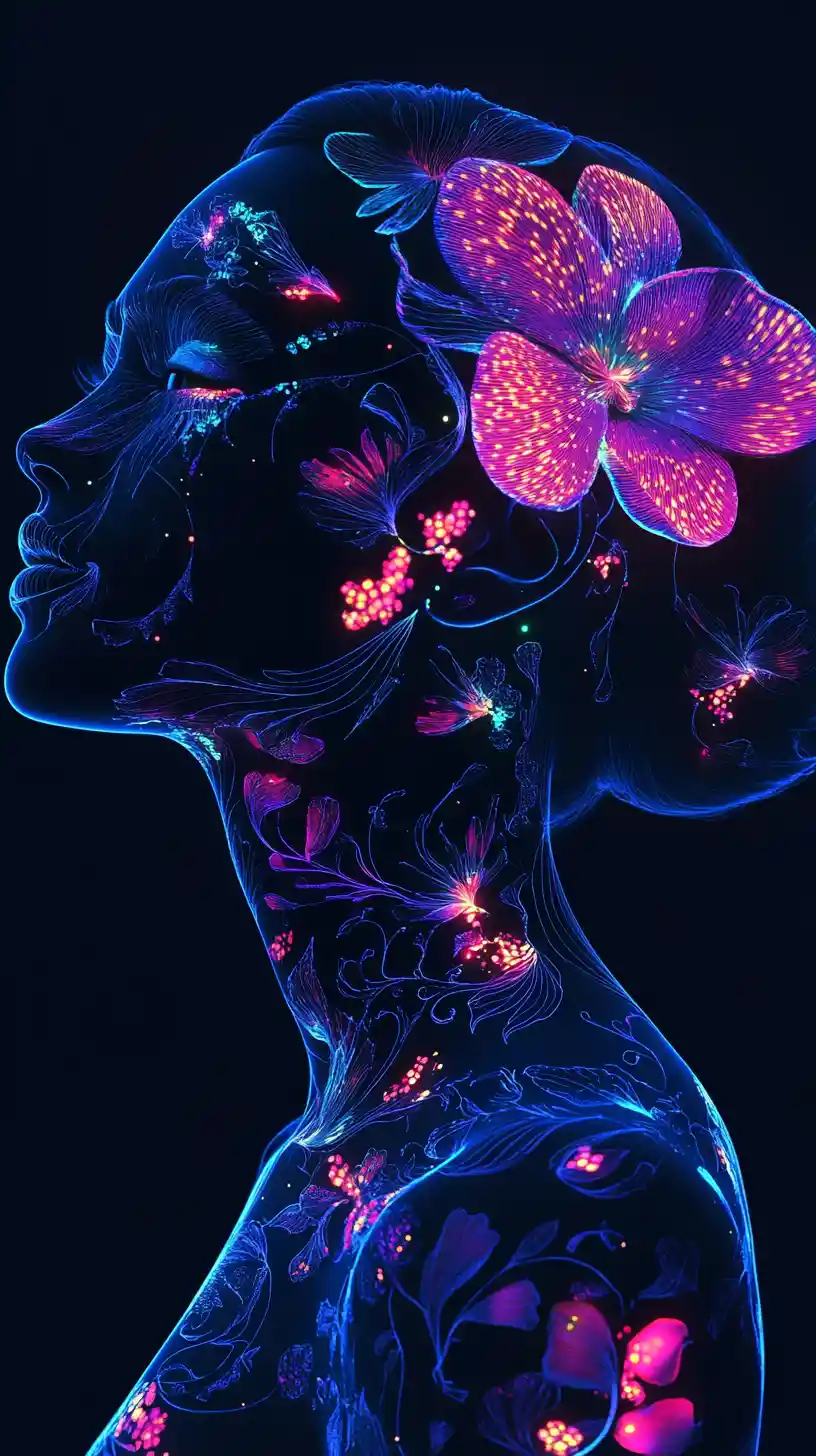 Ethereal bioluminescent woman profile in mystical darkness
