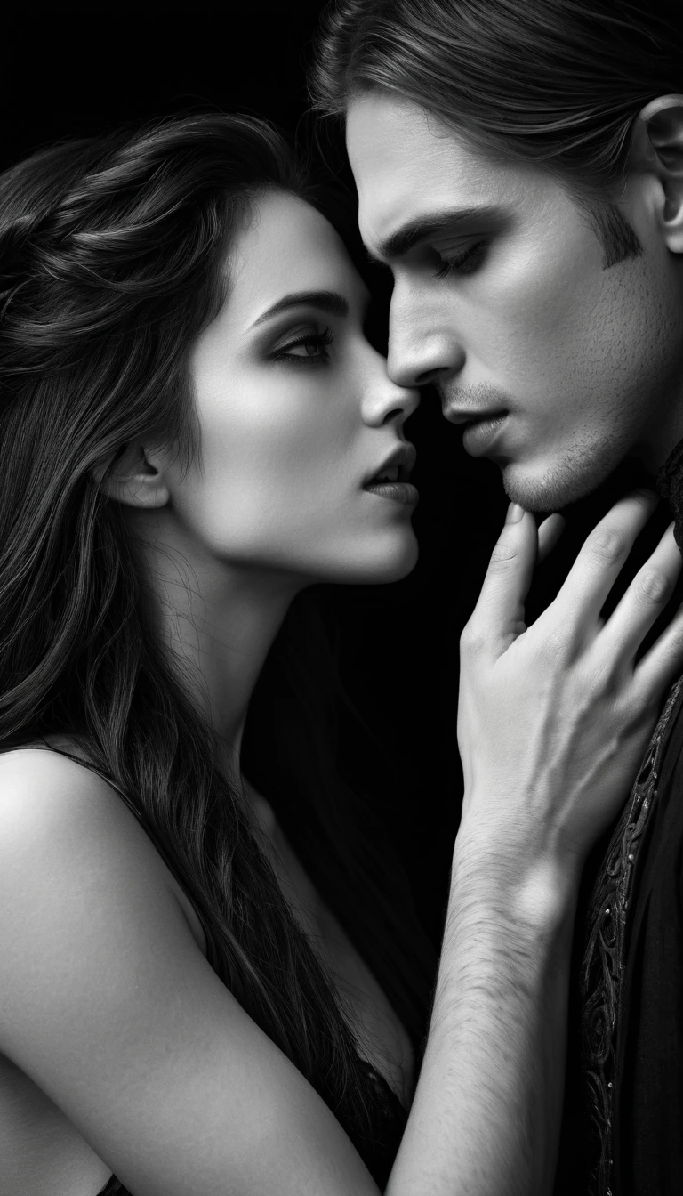 Intense close up kiss with a seductive ancient vampire