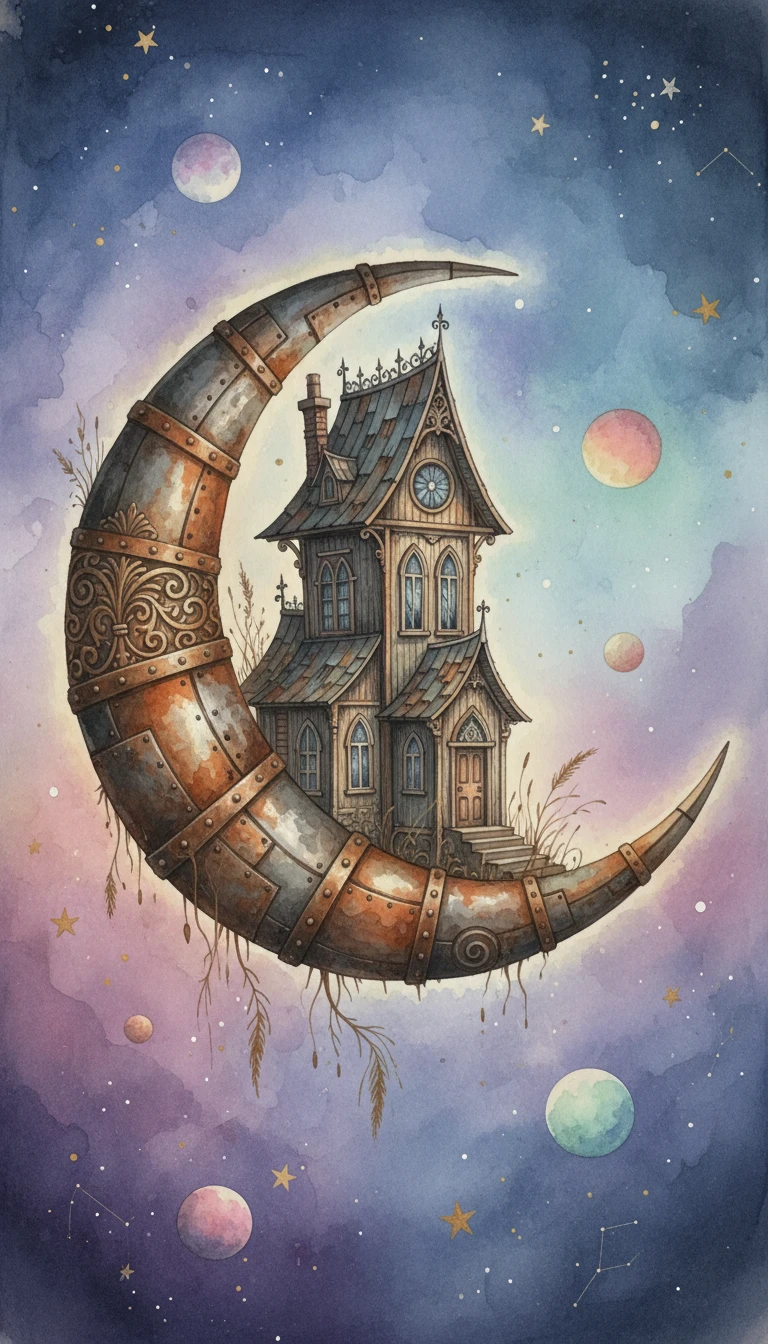 Gothic fantasy house fused with a crescent moon in space
