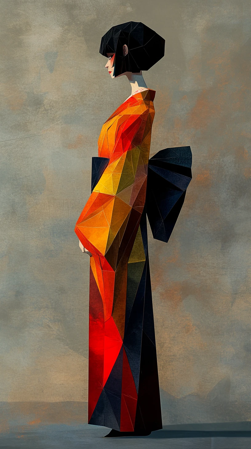 Geisha em estilo origami com quimono angular vermelho e dourado