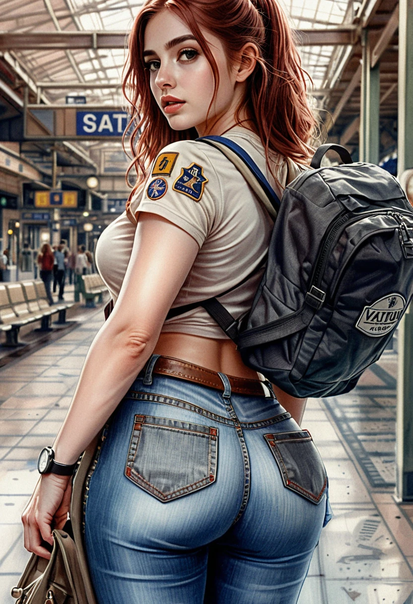 Young traveler on a sunlit modern train station platform