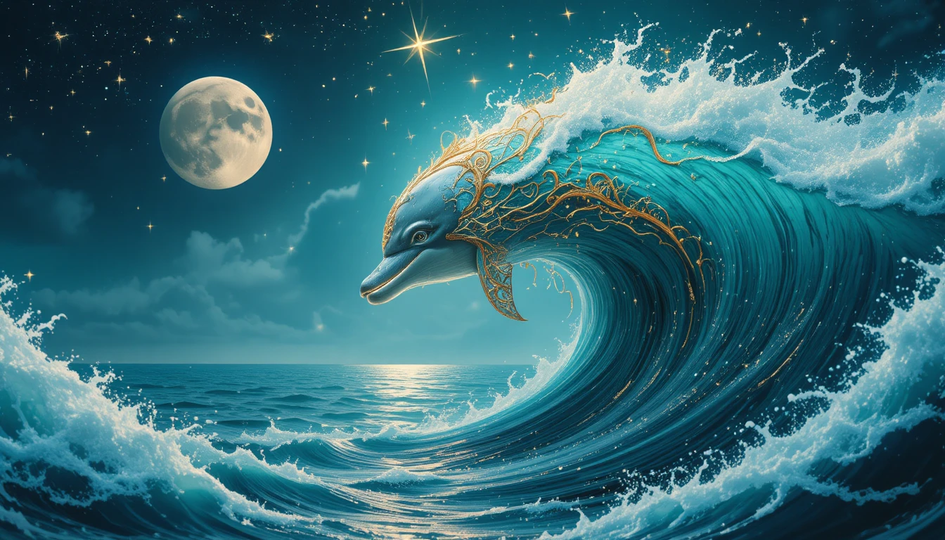 在發光碧綠海洋中滑行的夢幻海豚