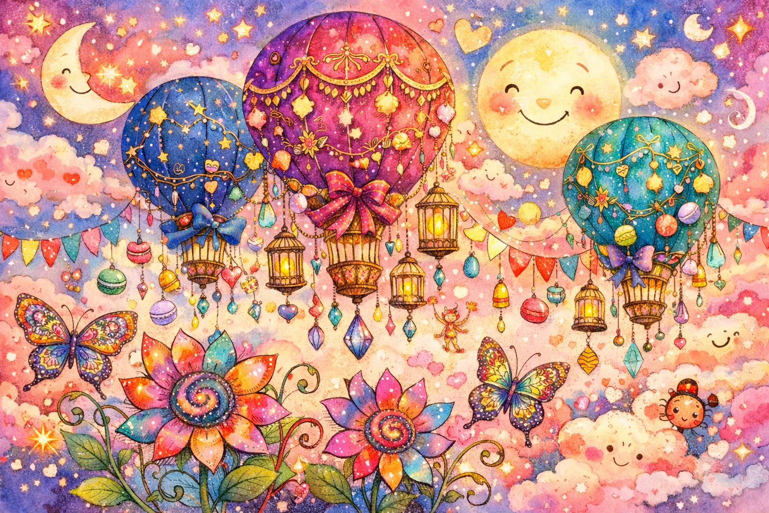 Whimsical hot air balloons drifting through a magical fantasy sky