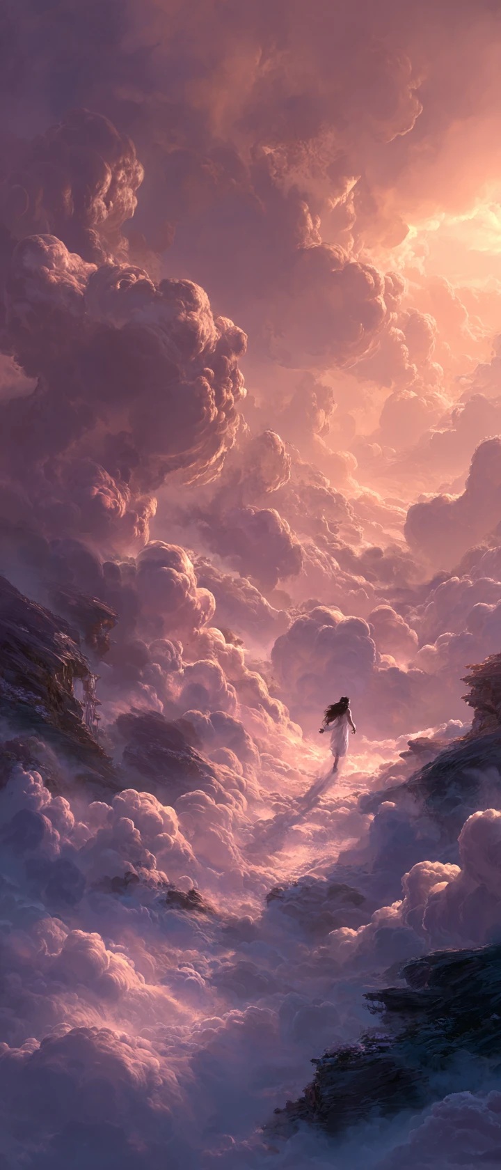 Lone figure floating softly above a golden cloud sea