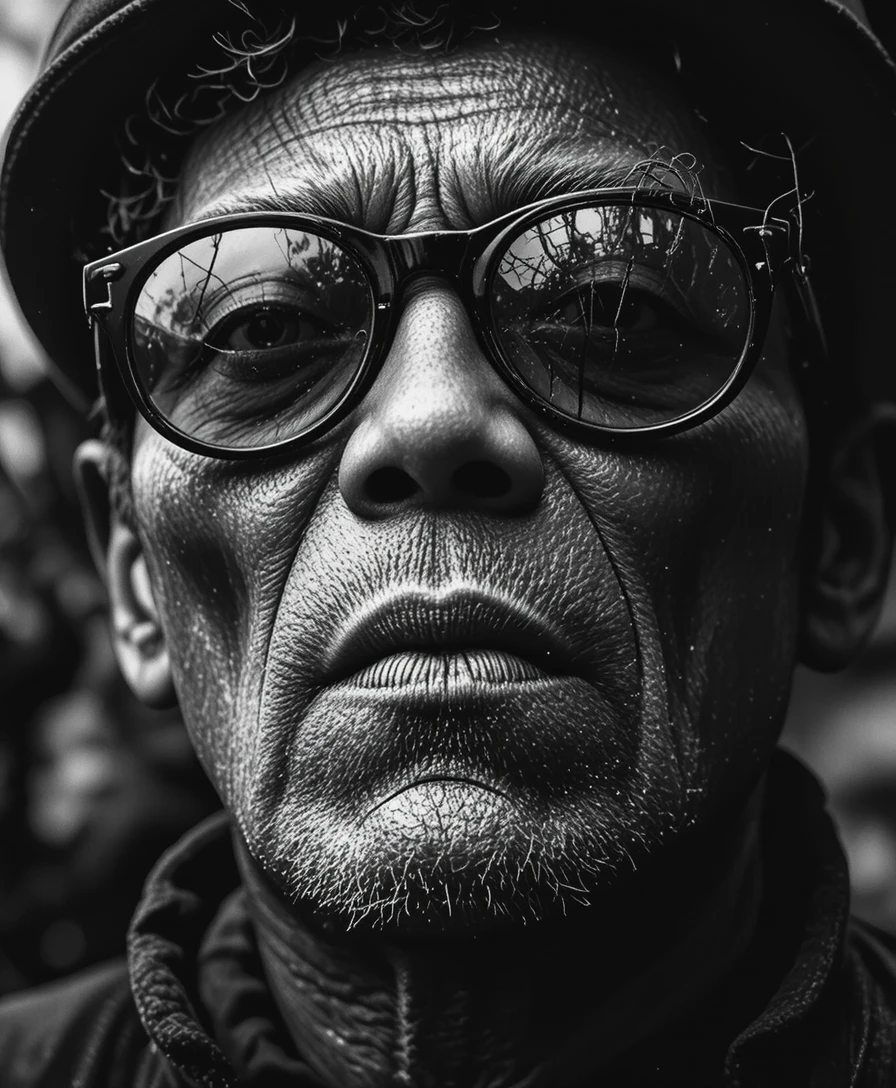 Retrato Granulado em Preto e Branco em Close de um Homem Idoso