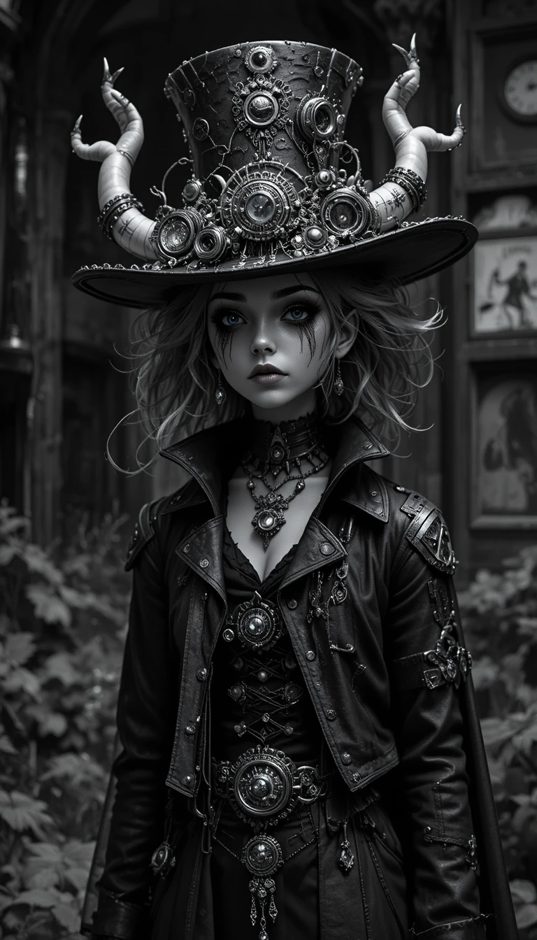 Personagem vampiro steampunk em design simétrico em preto e branco